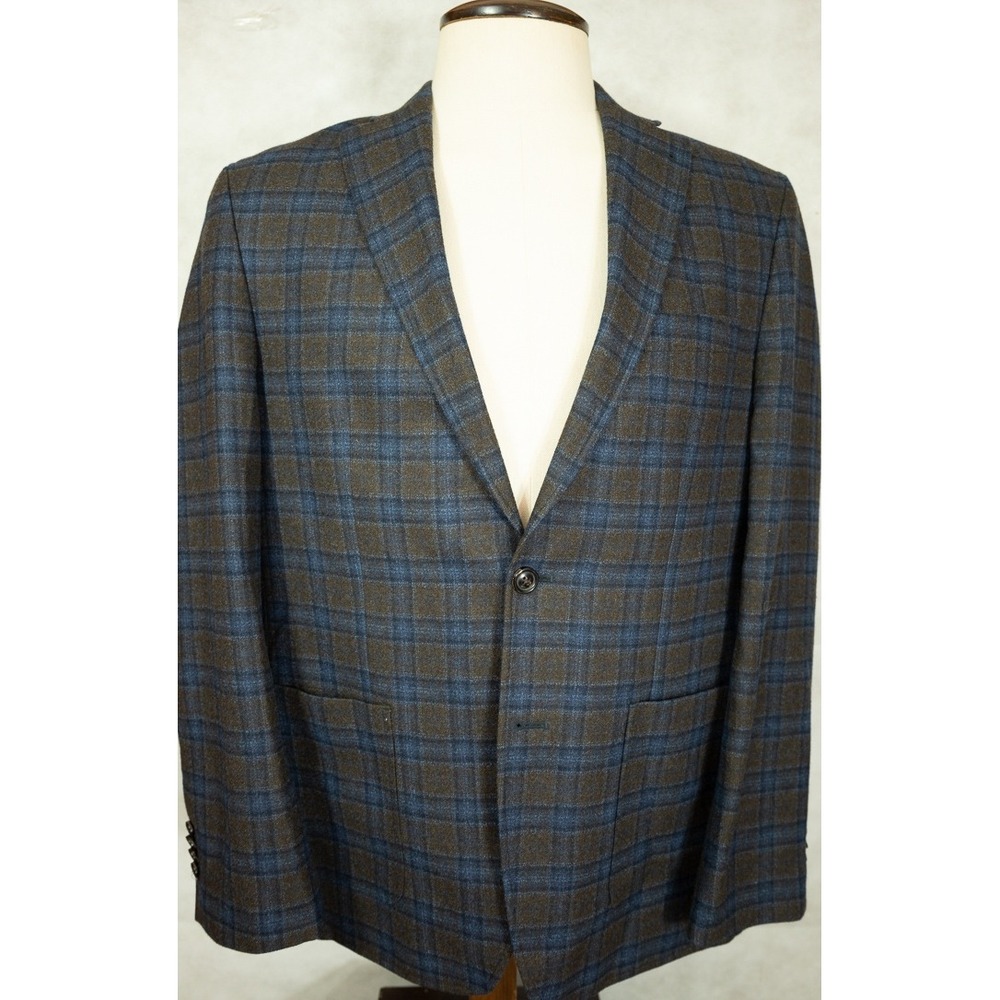 Crosby & Howard Reda Italian Wool Plaid Sport Coat Blazer Blue Brown XL Mens